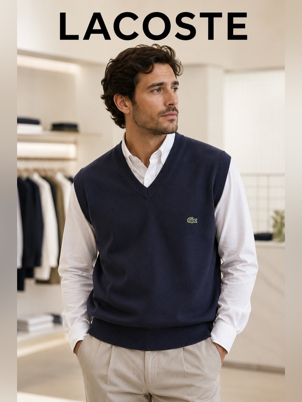 Lacoste Men’s Navy Cotton V-Neck Sweater Vest Size 7